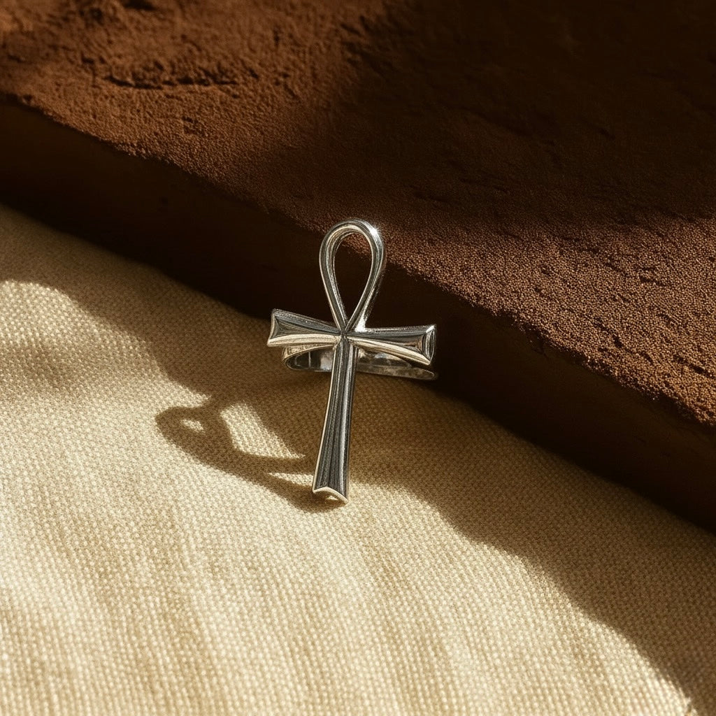 Silver ankh pendant on a textured brown surface