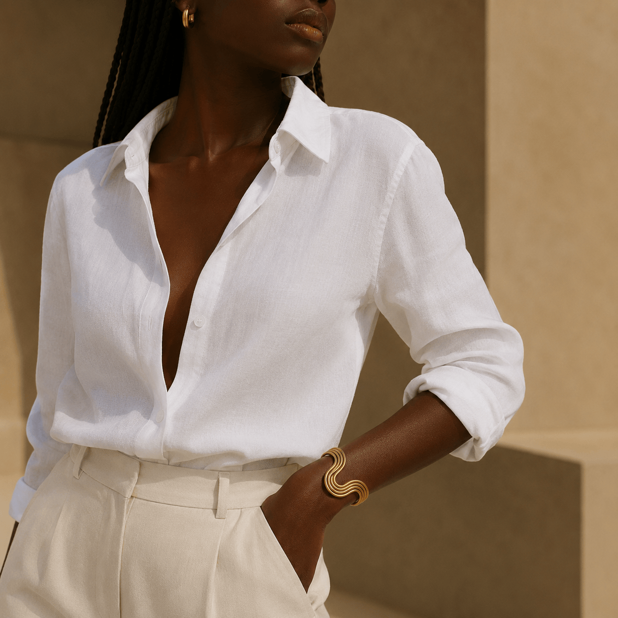 A woman wearing a white long-sleeve button-up shirt and cream trousers, accessorized with a gold wavy cuff bracelet, photographed against a warm beige architectural background.