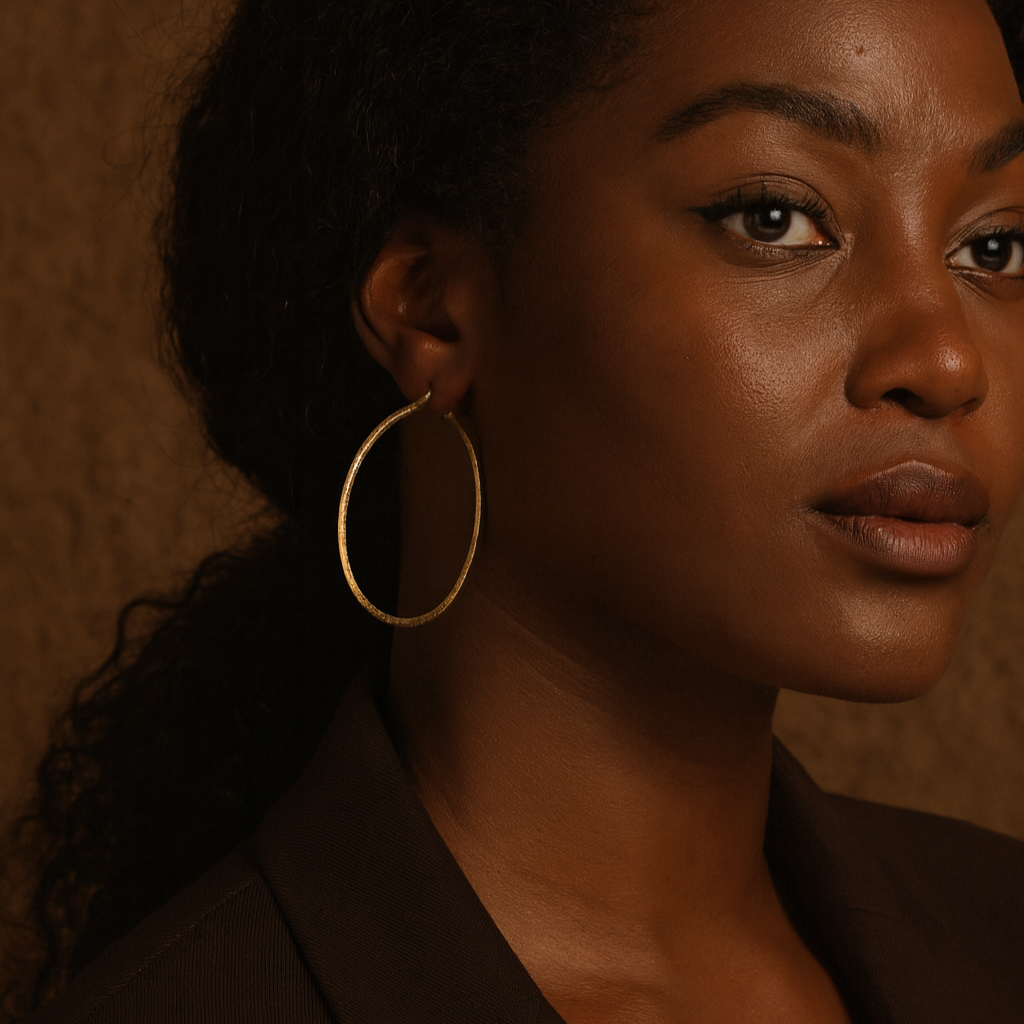 Woman wearing gold hoop earrings against a brown background