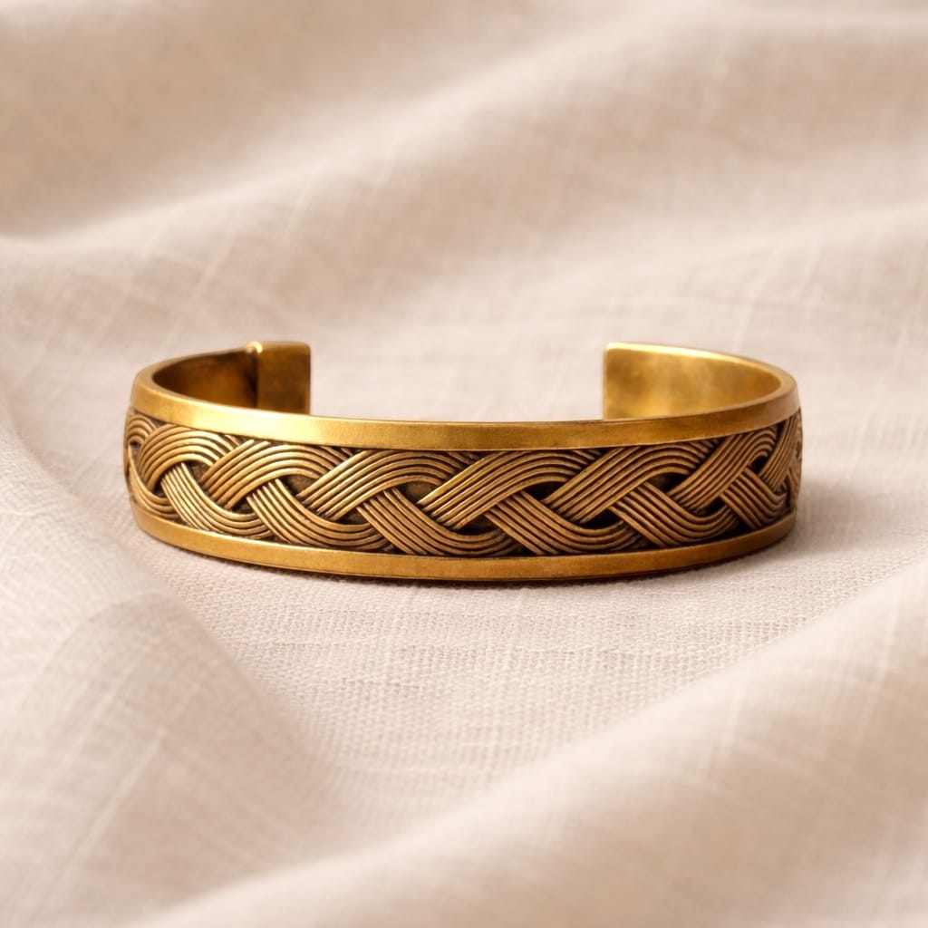 Gold bracelet with braided design on a beige fabric background