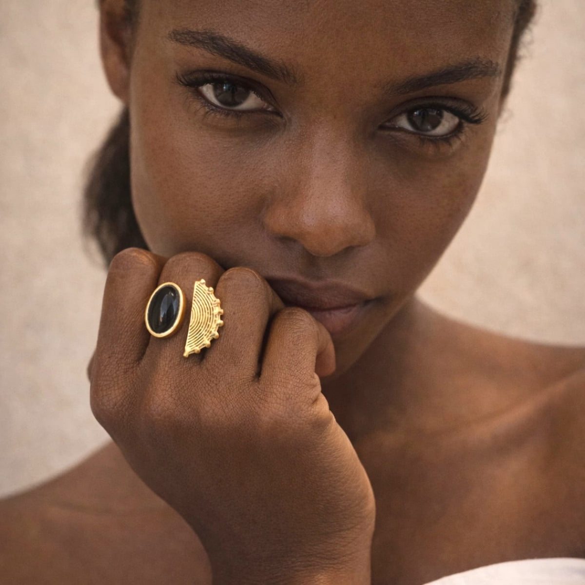 Gold-plated brass gemstone ring adjustable sculptural statement