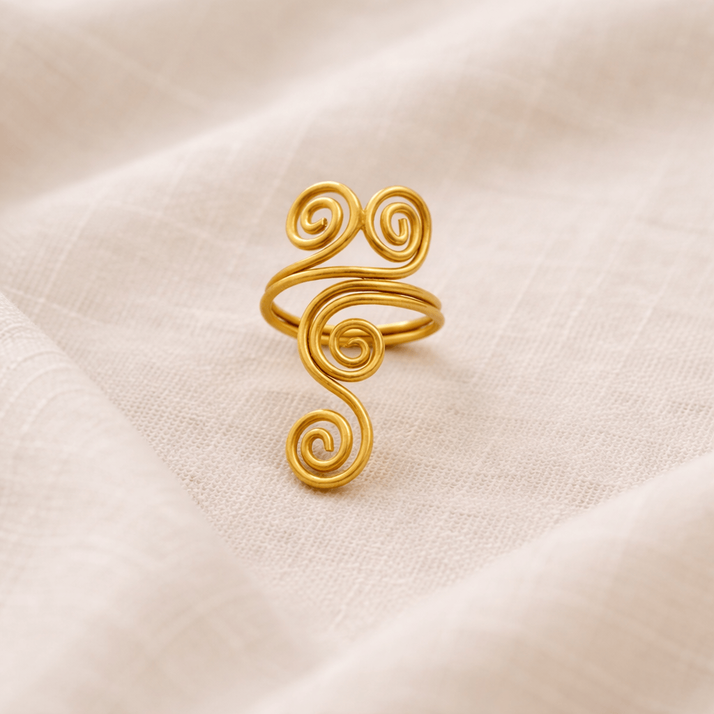 Gold-plated brass spiral statement ring adjustable handcrafted