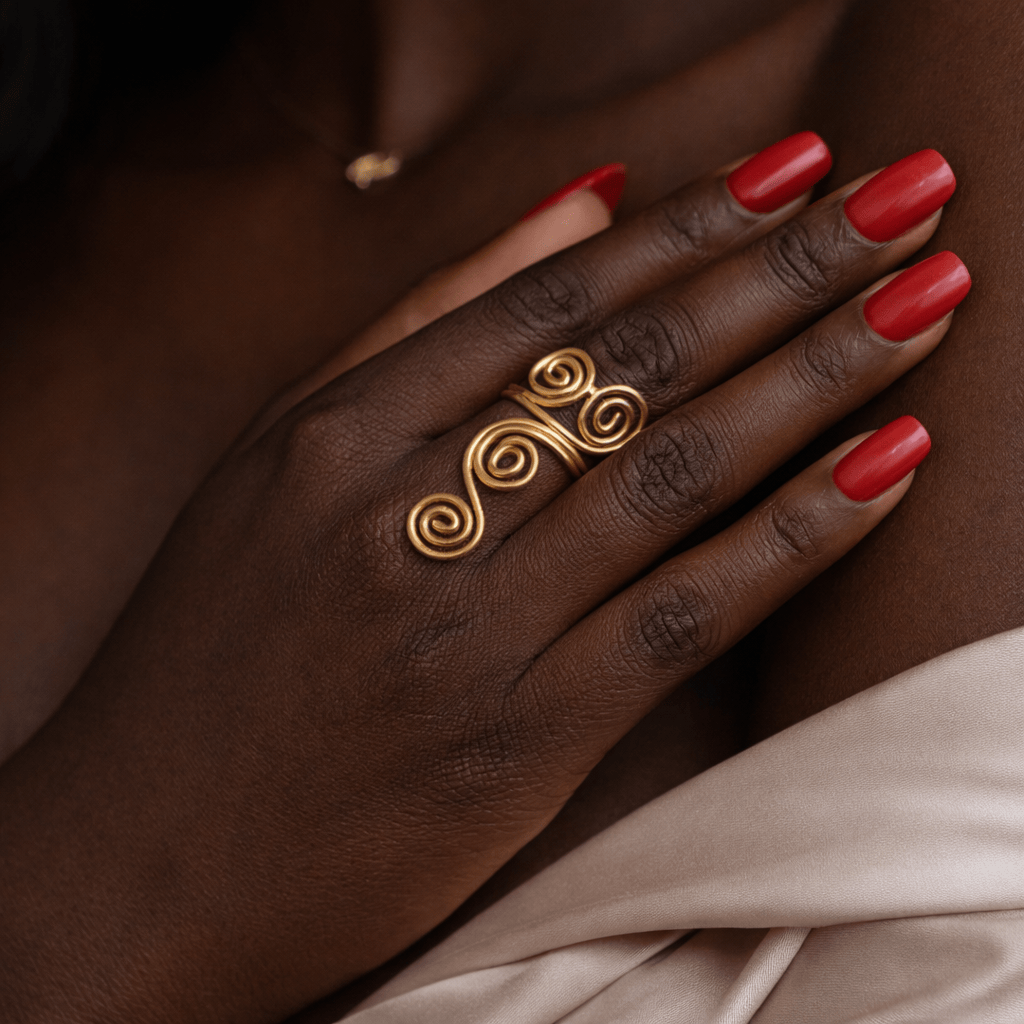 Gold-plated brass spiral statement ring adjustable handcrafted
