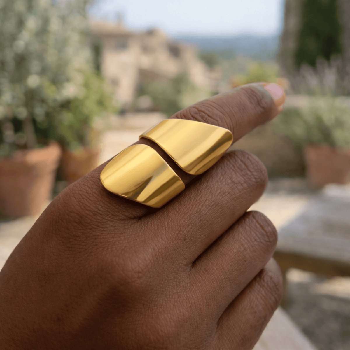 Gold-plated brass bold statement ring adjustable sculptural