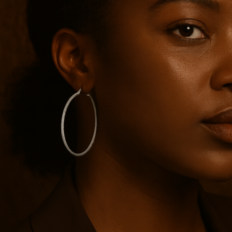 Close-up of a person wearing hoop earrings against a brown background