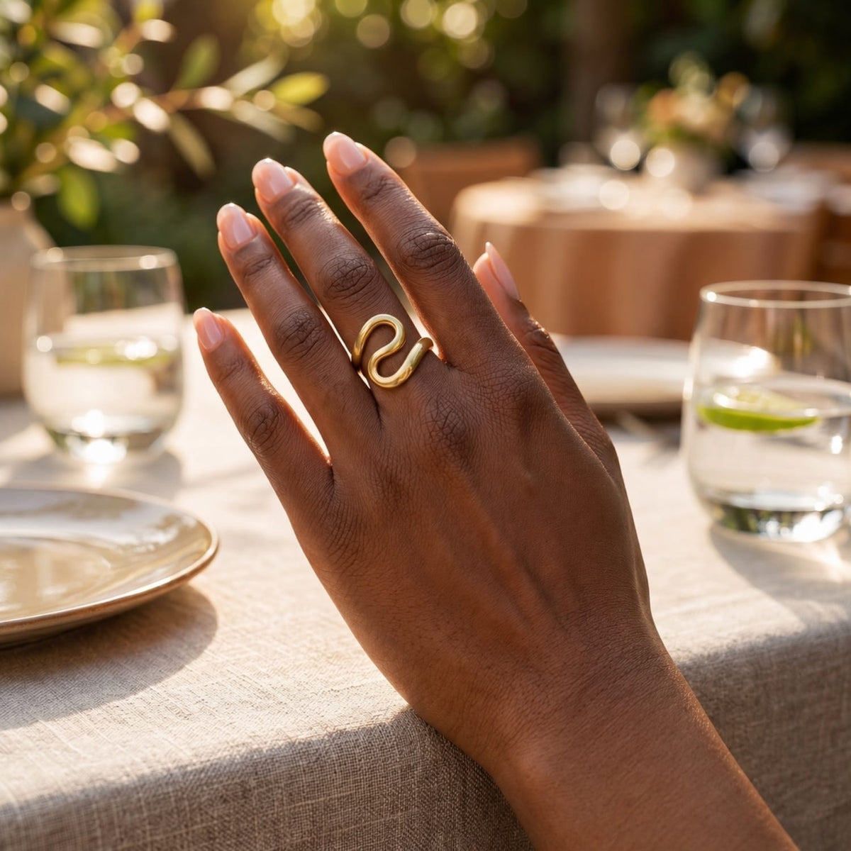 Gold-plated brass curved statement ring handcrafted